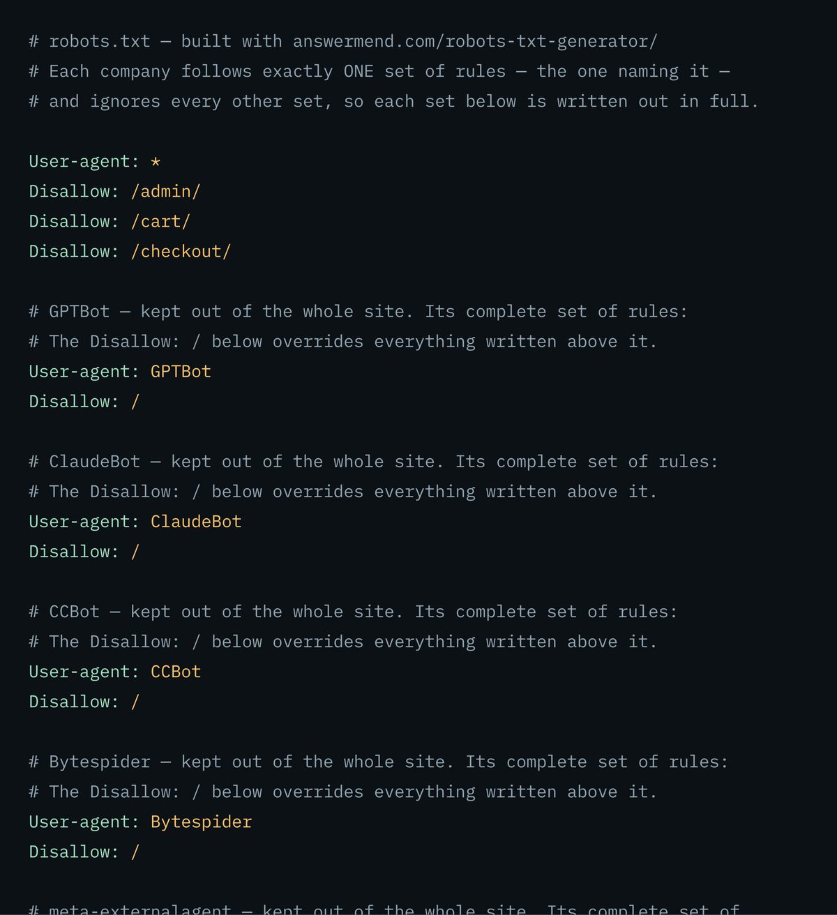 This tool's dark output plate showing the top of a robots.txt written for an invented site: a comment header naming the generator, a User-agent: * group with one Disallow line, then a complete commented group for each blocked AI crawler — GPTBot, ClaudeBot, CCBot, Bytespider and meta-externalagent — each with its own User-agent line and Disallow: slash.