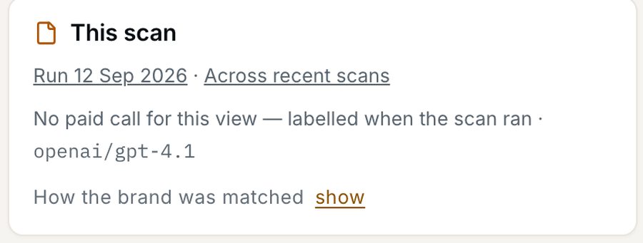 The side card on the sentiment screen: this scan's run and a link across recent scans; no paid call was made for this view, because the labels were written when the scan ran, by openai/gpt-4.1.